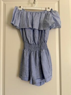Off-Shoulder Light Blue Romper with Smocked Waist